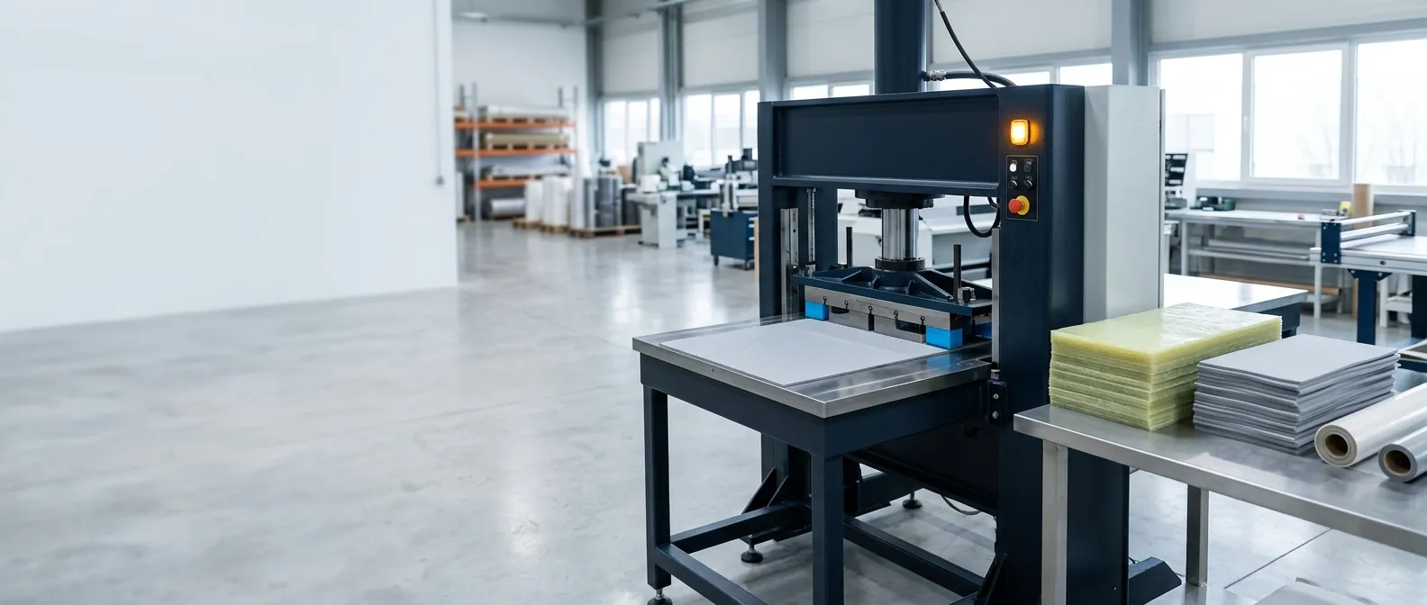 Steel-rule die-cutting press converting insulation sheet stock into custom parts on the Perfect Insulations shop floor