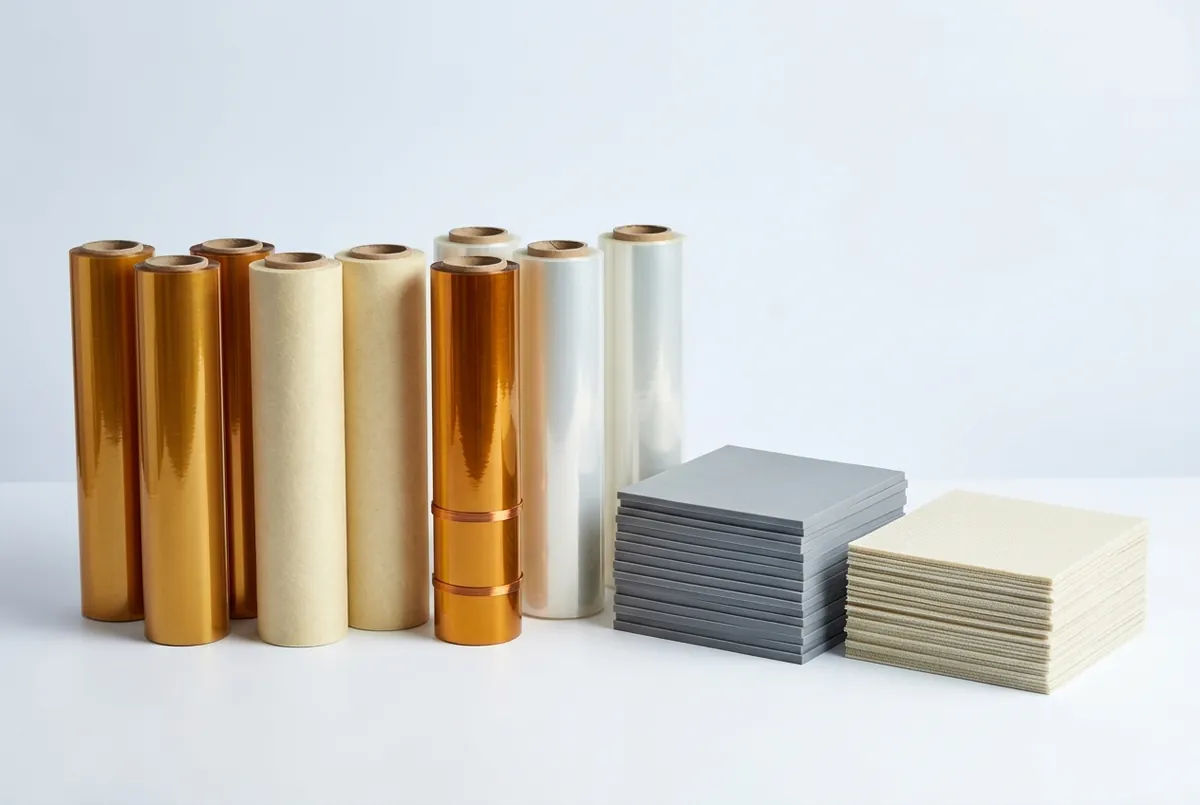 Rolls of electrical insulation film and stacks of die-cut thermal pads ready for conversion and dispatch