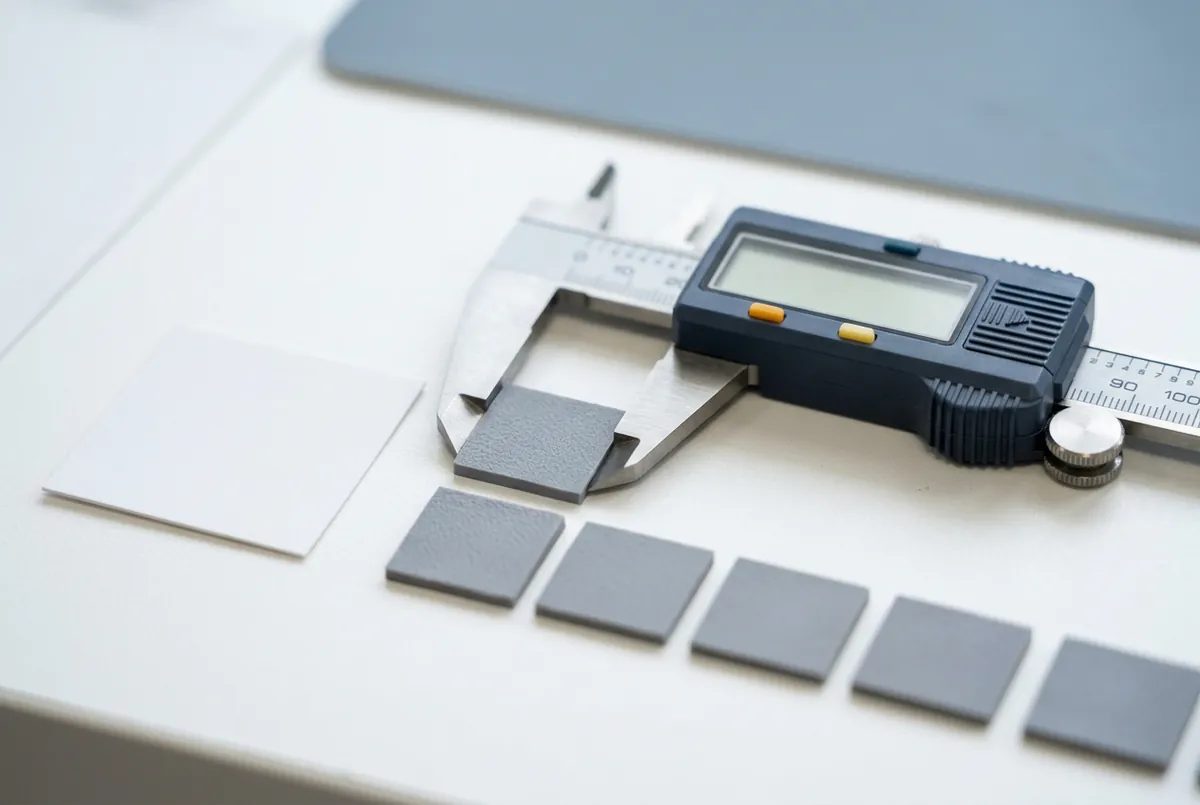 Digital caliper measuring the thickness of a die-cut thermal pad during final inspection