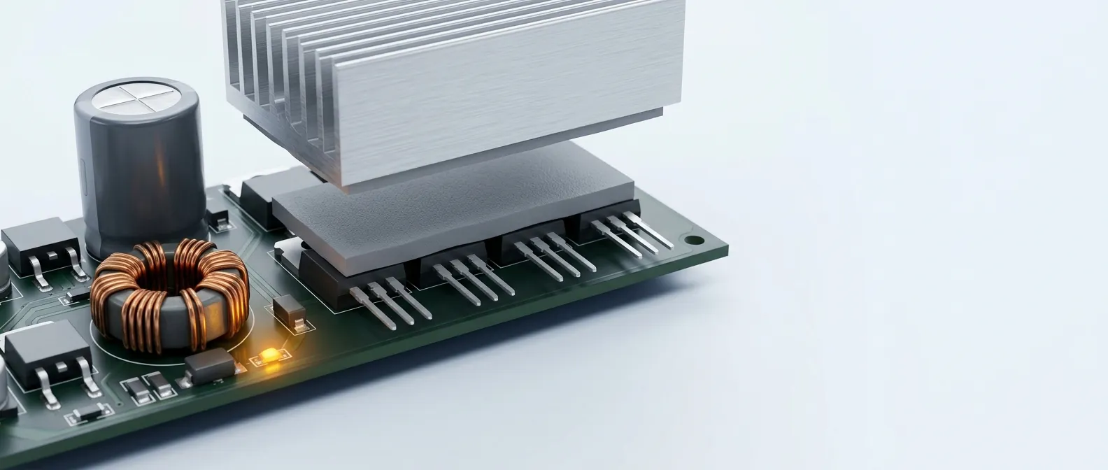 Silicone thermal insulation pad fitted between a row of TO-220 power semiconductors and an aluminium heatsink inside an LED driver housing