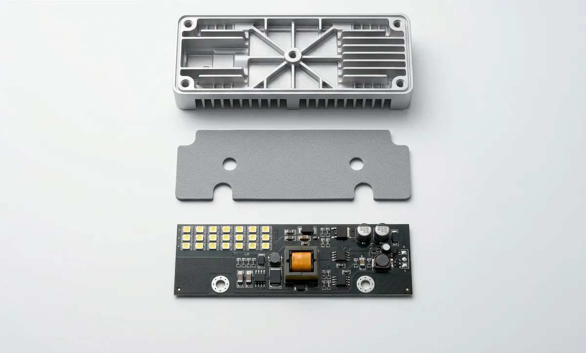 Exploded view of an LED driver assembly showing the metal housing, the thermal pad layer, and the driver board with power components